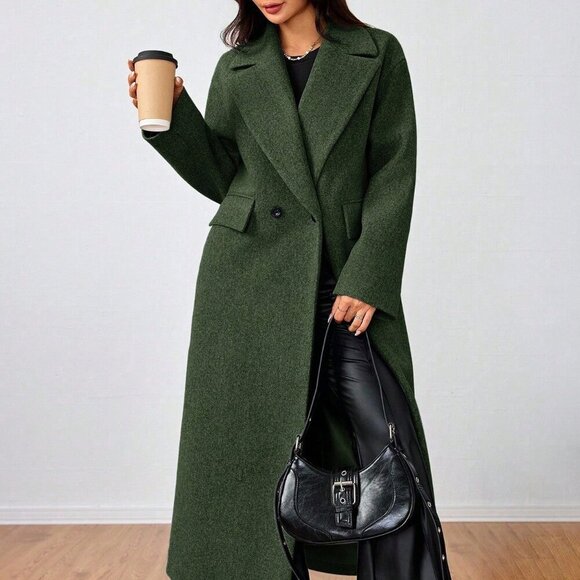 Army Green Casual Women's Lapel Long Coat - Picture 5 of 6